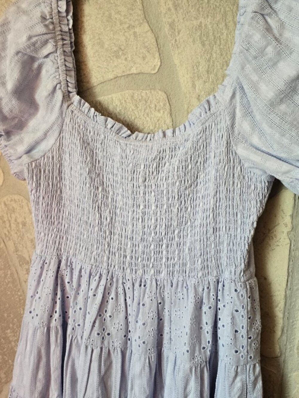 Eyelet Babydoll Mini Dress M Puff Sleeve Smocked Blue - Picture 11 of 12